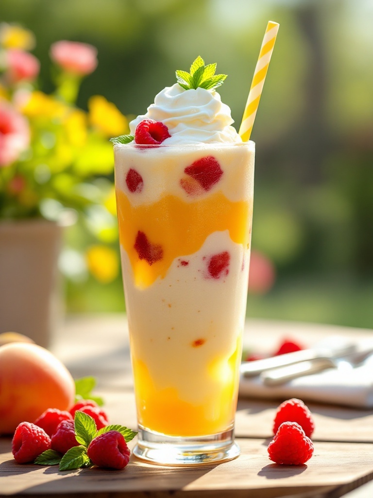 A tall glass of Peach Melba Float with peach puree, vanilla ice cream, and soda, garnished with raspberries and mint.